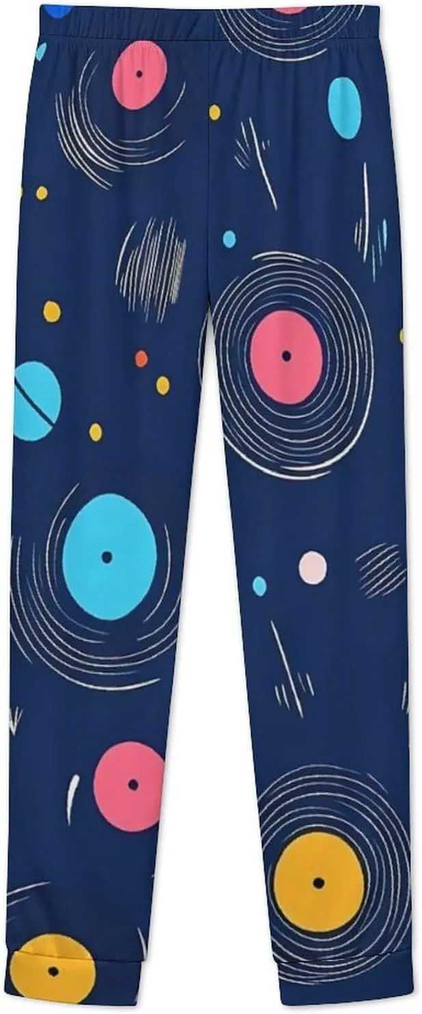 Vintage Vinyl Records Spinning Women's Pajama Set Long Sleeve T-shirts Top & Pant Comfort Sleepwear Loungewear