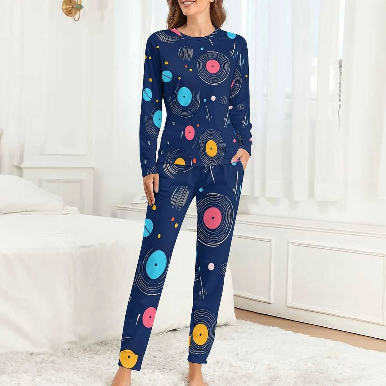 Vintage Vinyl Records Spinning Women's Pajama Set Long Sleeve T-shirts Top & Pant Comfort Sleepwear Loungewear