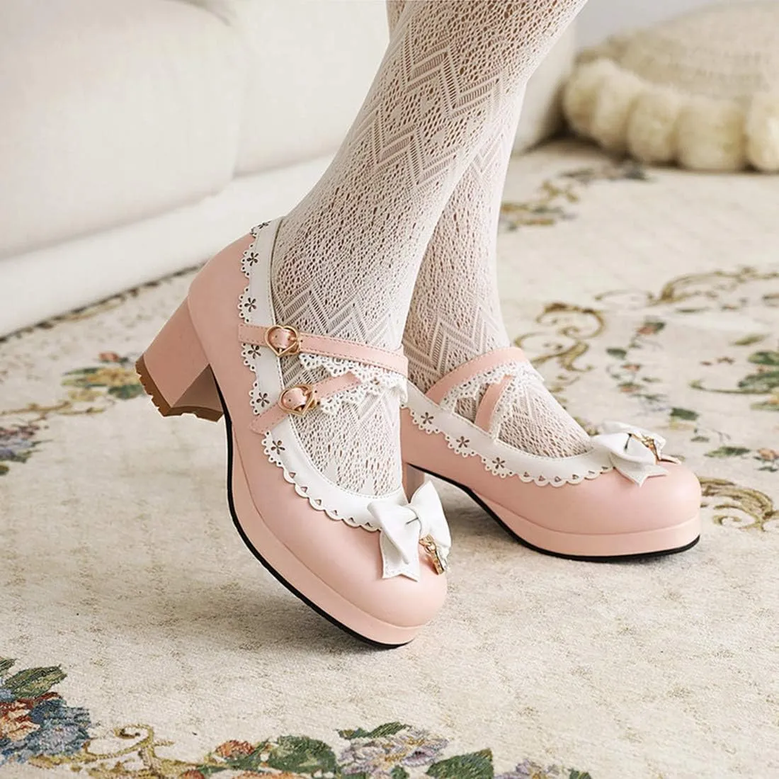 VOKLIN Women's Girls Lolita Mary Jane Pumps Sweet Bow Cross Ankle Strap Mid Heel Princess Oxford Dress Shoes