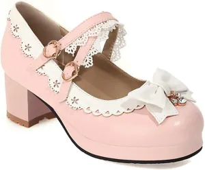 VOKLIN Women's Girls Lolita Mary Jane Pumps Sweet Bow Cross Ankle Strap Mid Heel Princess Oxford Dress Shoes