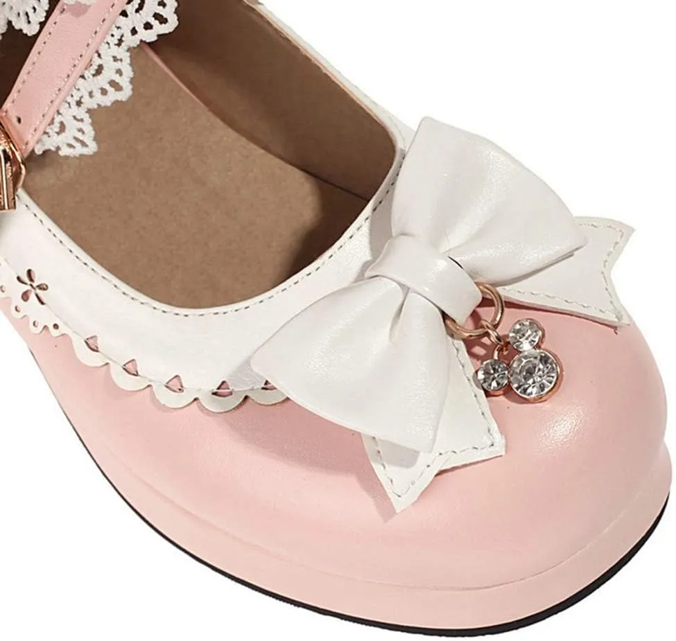 VOKLIN Women's Girls Lolita Mary Jane Pumps Sweet Bow Cross Ankle Strap Mid Heel Princess Oxford Dress Shoes