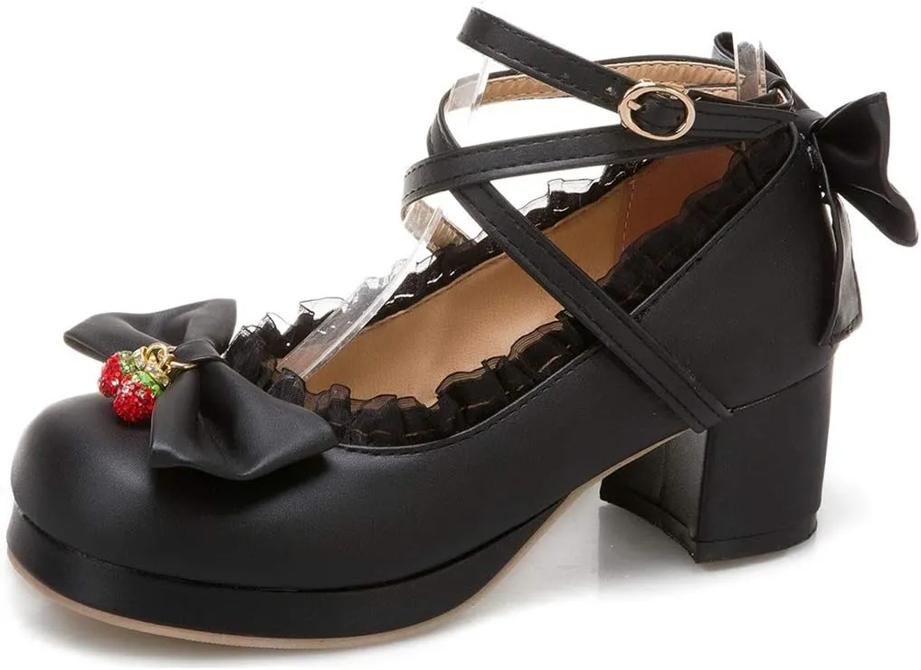 VOKLIN Women's Girls Lolita Mary Jane Shoes Sweet Bow Cross Ankle Strap Platform Mid Heel Oxford Dress Pumps