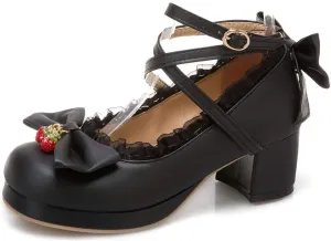 VOKLIN Women's Girls Lolita Mary Jane Shoes Sweet Bow Cross Ankle Strap Platform Mid Heel Oxford Dress Pumps