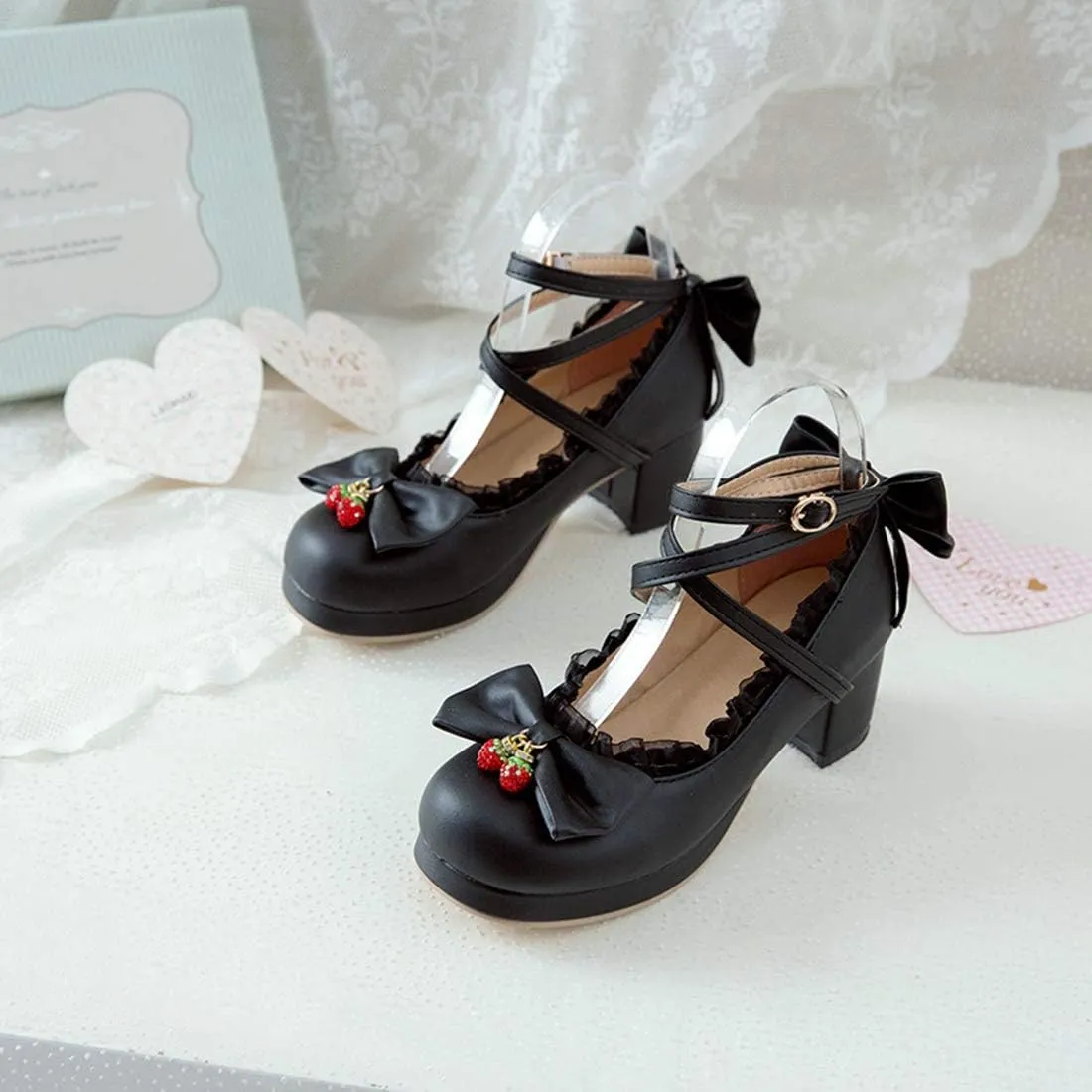 VOKLIN Women's Girls Lolita Mary Jane Shoes Sweet Bow Cross Ankle Strap Platform Mid Heel Oxford Dress Pumps