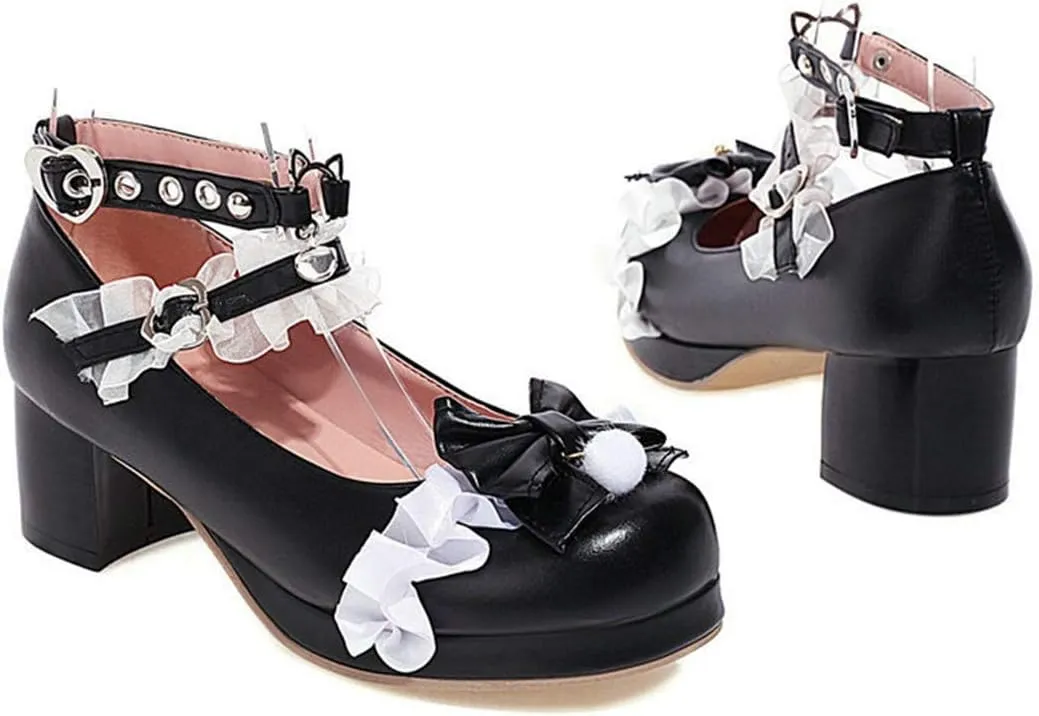 VOKLIN Women's Girls Lolita Mary Jane Shoes Sweet Bow Lace Ankle Strap Mid Heel Cosplay Oxford Dress Pumps