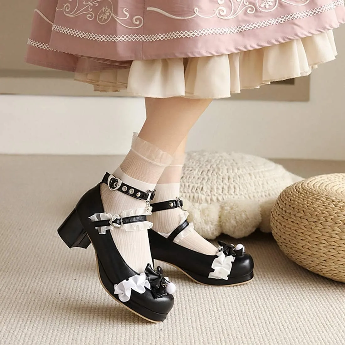 VOKLIN Women's Girls Lolita Mary Jane Shoes Sweet Bow Lace Ankle Strap Mid Heel Cosplay Oxford Dress Pumps