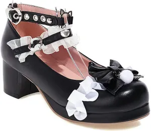 VOKLIN Women's Girls Lolita Mary Jane Shoes Sweet Bow Lace Ankle Strap Mid Heel Cosplay Oxford Dress Pumps