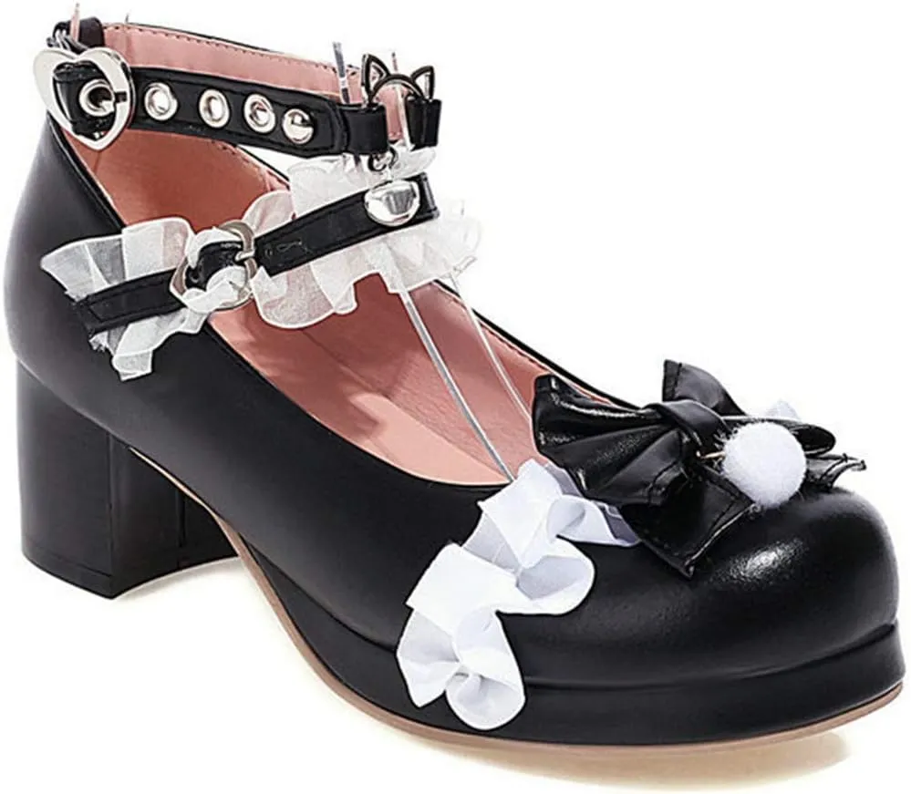 VOKLIN Women's Girls Lolita Mary Jane Shoes Sweet Bow Lace Ankle Strap Mid Heel Cosplay Oxford Dress Pumps