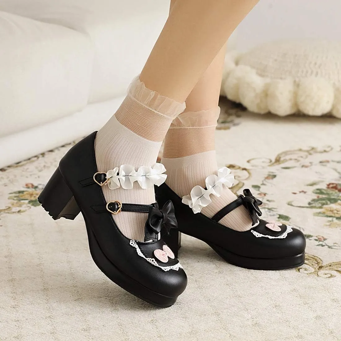 VOKLIN Women's Girls Lolita Mary Jane Shoes Sweet Bow Lace Ankle Strap Platform Mid Heel Oxford Dress Pumps