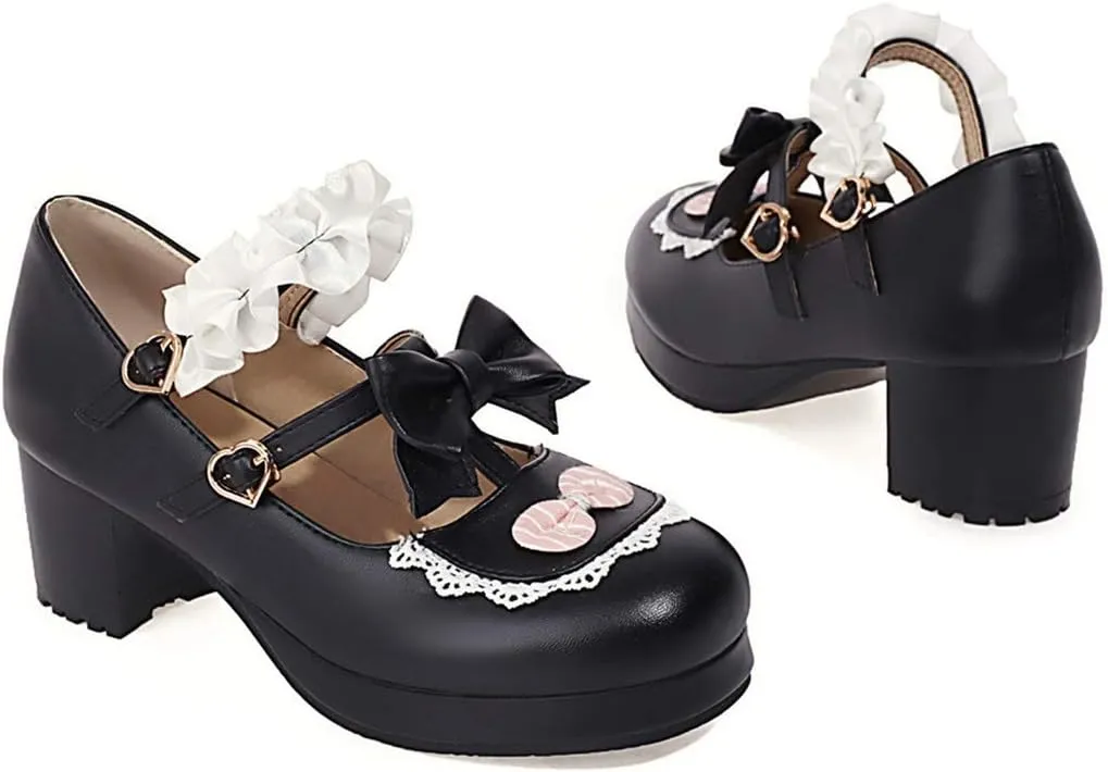 VOKLIN Women's Girls Lolita Mary Jane Shoes Sweet Bow Lace Ankle Strap Platform Mid Heel Oxford Dress Pumps