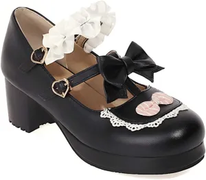 VOKLIN Women's Girls Lolita Mary Jane Shoes Sweet Bow Lace Ankle Strap Platform Mid Heel Oxford Dress Pumps