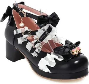 VOKLIN Women's Girls Lolita Mary Jane Shoes Sweet Bow Lace Cross Strap Mid Heel Cosplay Oxford Dress Pumps