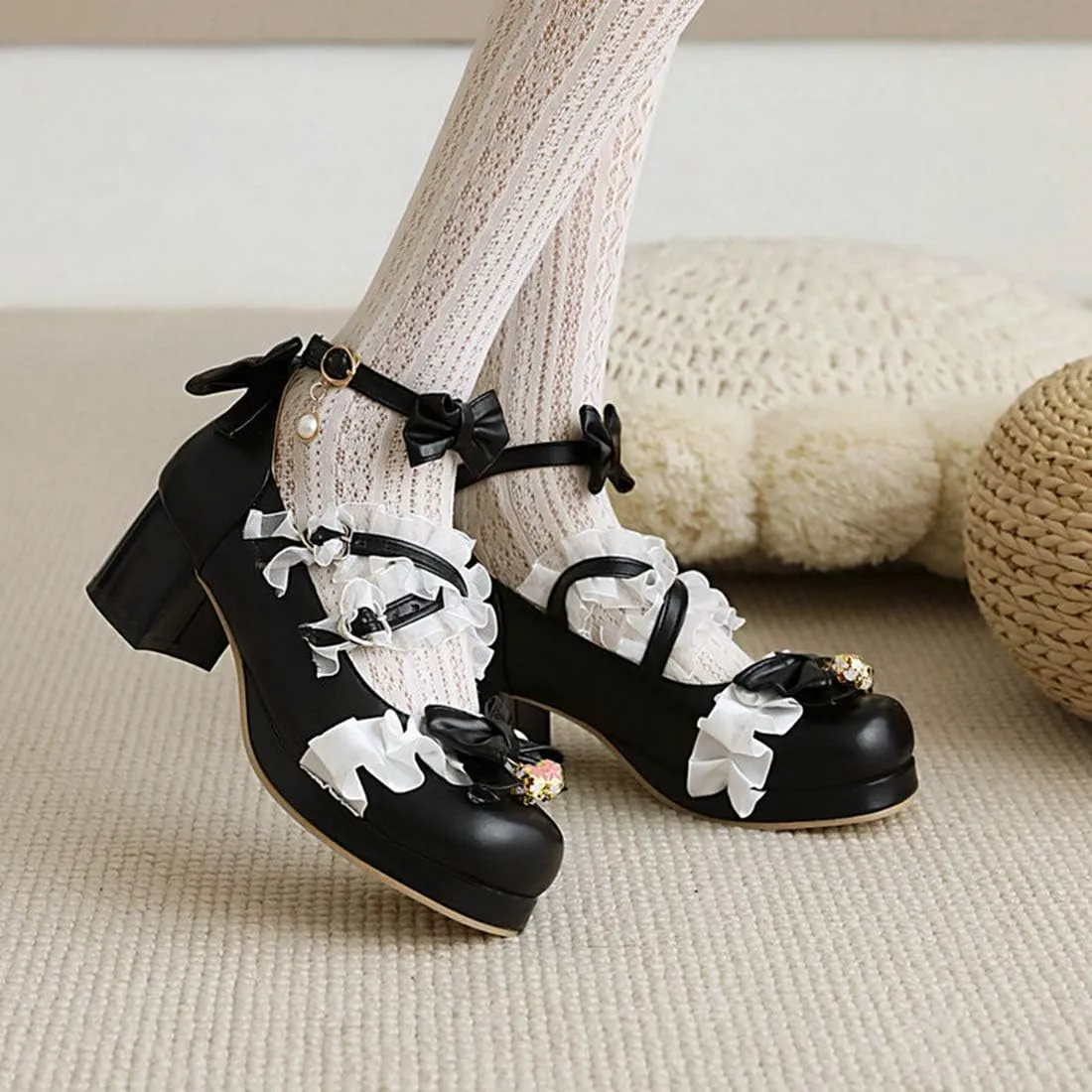 VOKLIN Women's Girls Lolita Mary Jane Shoes Sweet Bow Lace Cross Strap Mid Heel Cosplay Oxford Dress Pumps