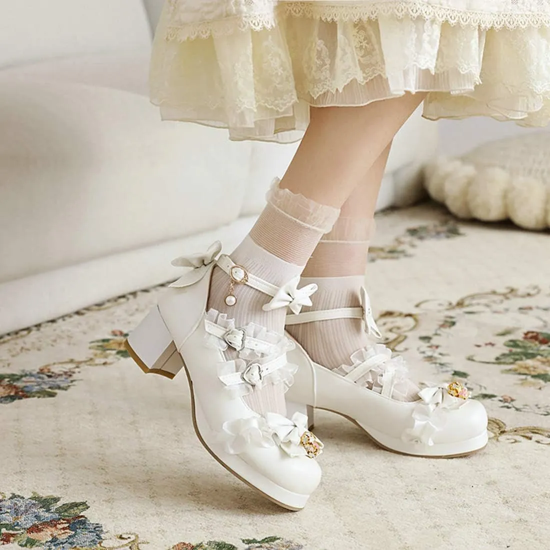 VOKLIN Women's Girls Lolita Mary Jane Shoes Sweet Bow Lace Cross Strap Mid Heel Cosplay Oxford Dress Pumps