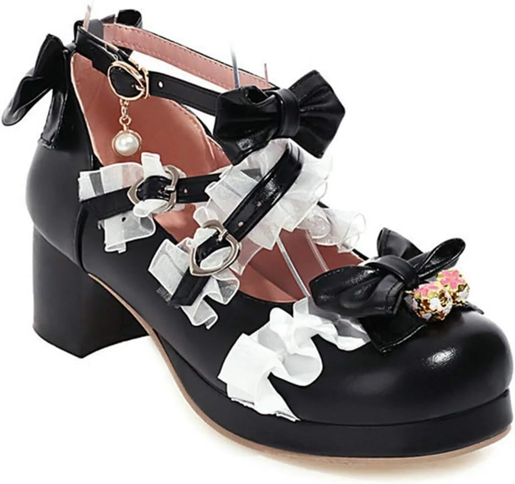 VOKLIN Women's Girls Lolita Mary Jane Shoes Sweet Bow Lace Cross Strap Mid Heel Cosplay Oxford Dress Pumps