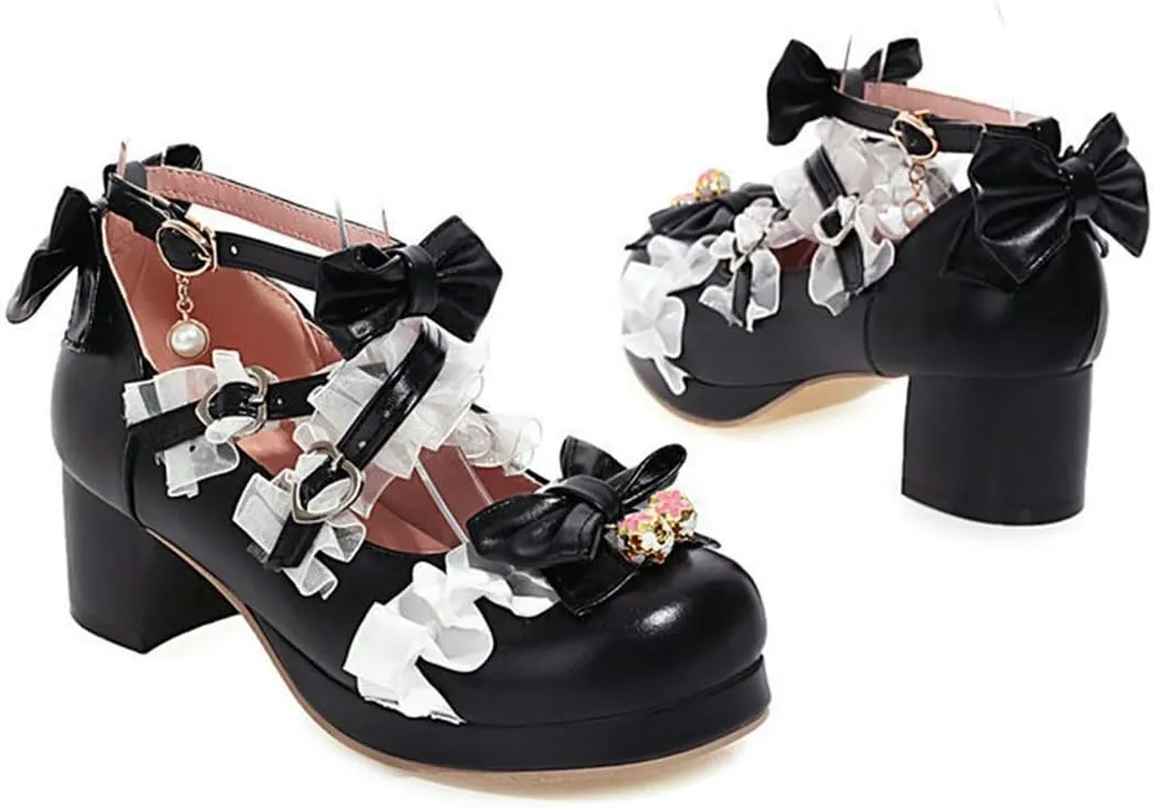 VOKLIN Women's Girls Lolita Mary Jane Shoes Sweet Bow Lace Cross Strap Mid Heel Cosplay Oxford Dress Pumps