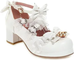 VOKLIN Women's Girls Lolita Mary Jane Shoes Sweet Bow Lace Cross Strap Mid Heel Cosplay Oxford Dress Pumps