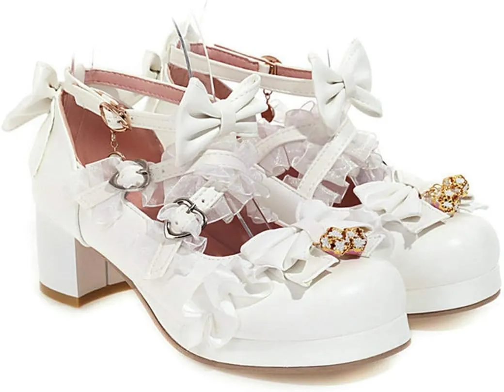 VOKLIN Women's Girls Lolita Mary Jane Shoes Sweet Bow Lace Cross Strap Mid Heel Cosplay Oxford Dress Pumps