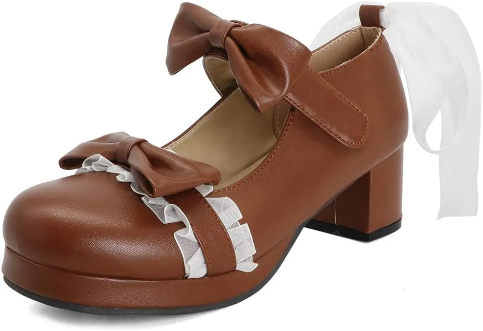 VOKLIN Women's Girls Sweet Bow Lolita Mary Jane Shoes Ankle Strap Platform Block Mid Heel Oxford Dress Pumps