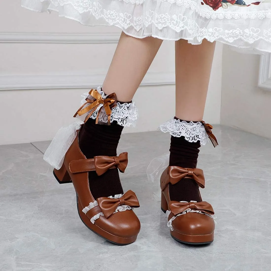 VOKLIN Women's Girls Sweet Bow Lolita Mary Jane Shoes Ankle Strap Platform Block Mid Heel Oxford Dress Pumps