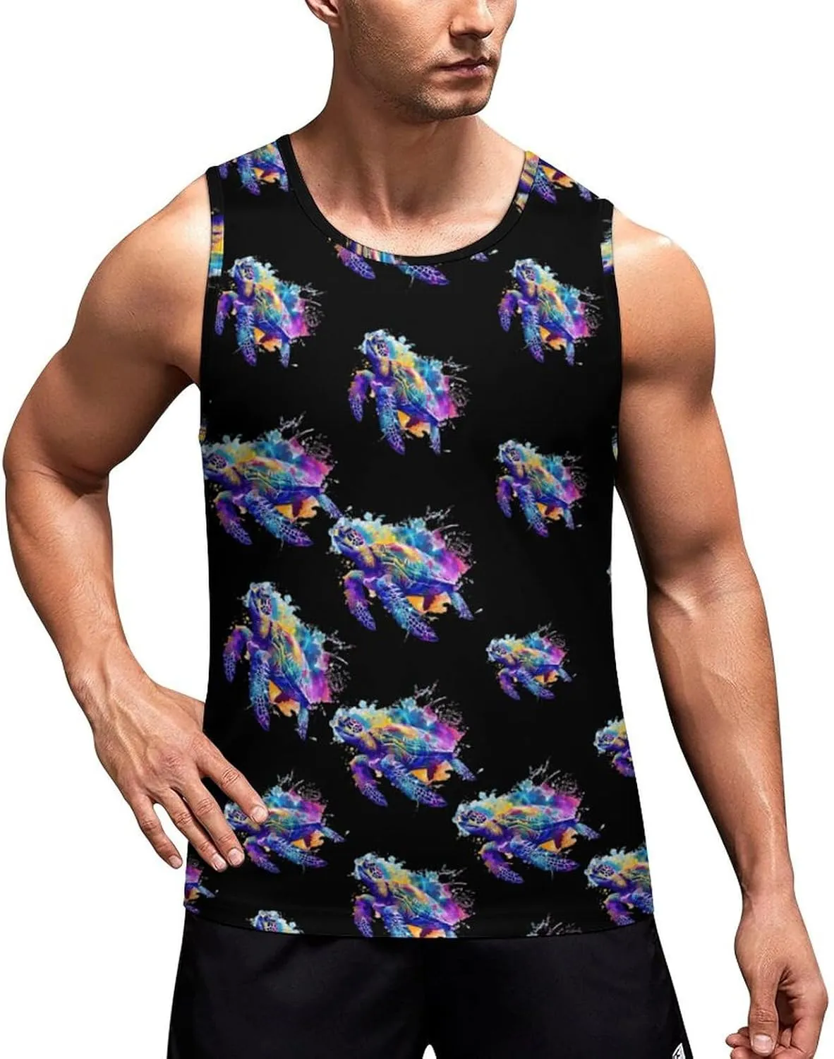 Watercolor Sea Turtle Men's Tank Tops Summer Sleeveless T-Shirts Gym Workout Tee Casual Beach Tee