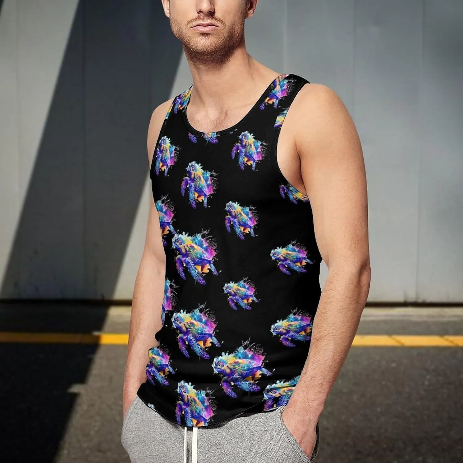 Watercolor Sea Turtle Men's Tank Tops Summer Sleeveless T-Shirts Gym Workout Tee Casual Beach Tee