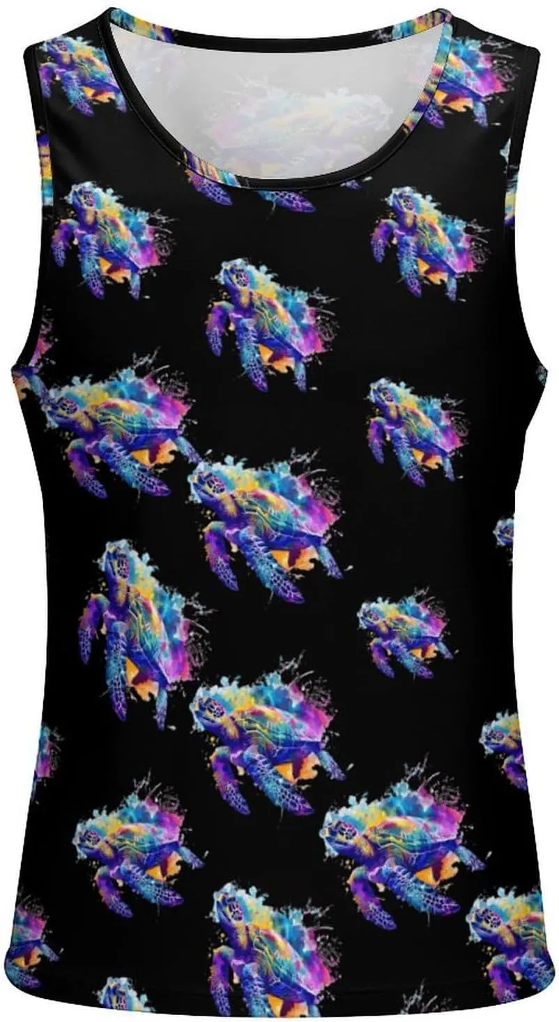 Watercolor Sea Turtle Men's Tank Tops Summer Sleeveless T-Shirts Gym Workout Tee Casual Beach Tee