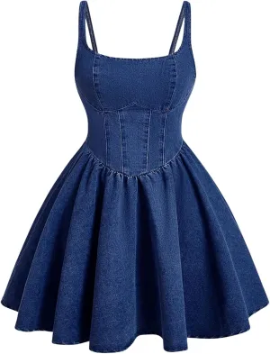 WDIRARA Women's Casual Square Neck Denim Dress Ruffle Hem A Line Mini Dress
