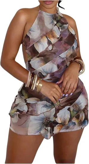 WDIRARA Women's Floral Ruffle Bodycon Mini Dress Sleeveless Tie Backless Halter Dresses