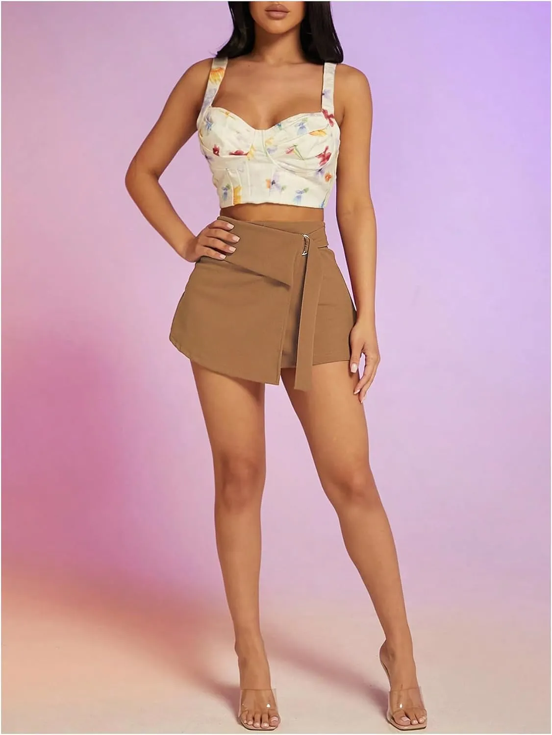 WDIRARA Women's High Waist O-Ring Mini Wrap Skorts Asymmetrical Hem Shorts Casual Skirts