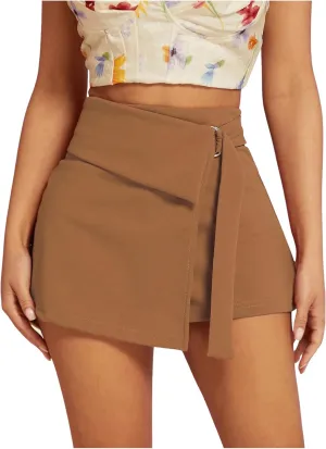 WDIRARA Women's High Waist O-Ring Mini Wrap Skorts Asymmetrical Hem Shorts Casual Skirts