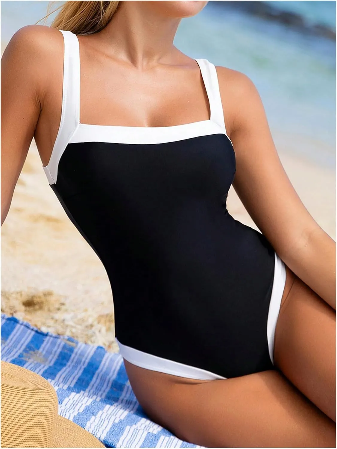 WDIRARA Women's One Piece Swimsuit Tummy Control Bathing Suits Color Block Slimming Swimwear