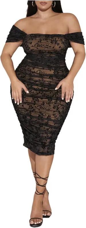 WDIRARA Women's Plus Size Floral Mesh Midi Dress Off The Shoulder Ruched Bodycon Dresses