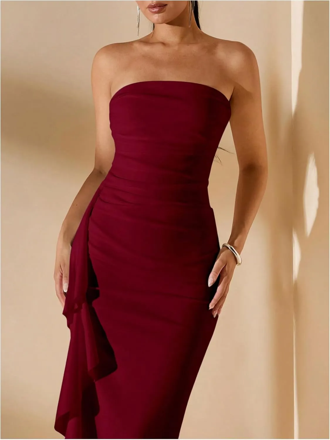 WDIRARA Women's Ruffle High Split Strapless Bodycon Dress Cocktail Wedding Party Maxi Dresses