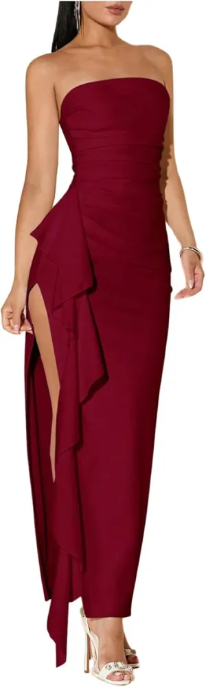 WDIRARA Women's Ruffle High Split Strapless Bodycon Dress Cocktail Wedding Party Maxi Dresses