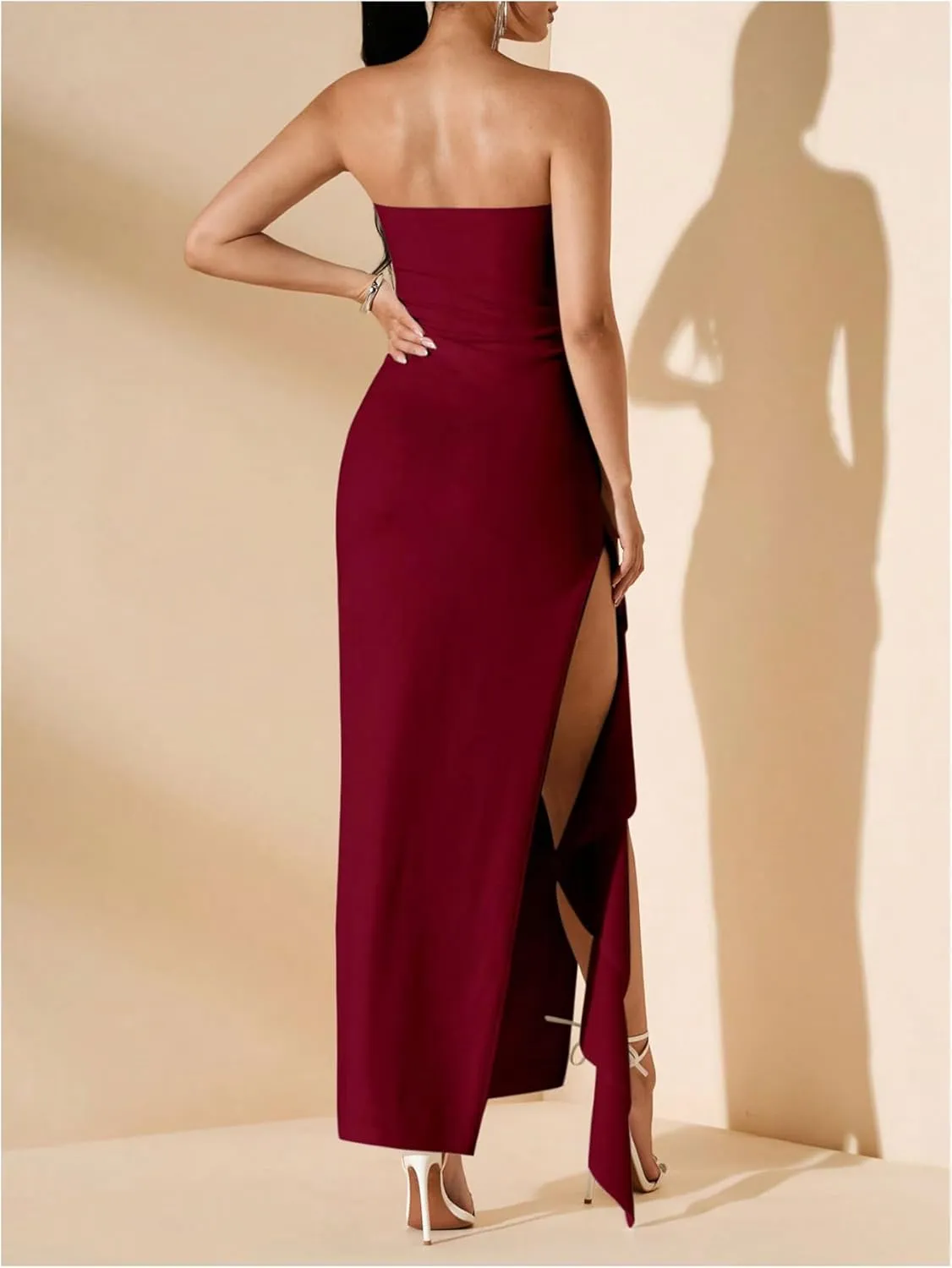 WDIRARA Women's Ruffle High Split Strapless Bodycon Dress Cocktail Wedding Party Maxi Dresses
