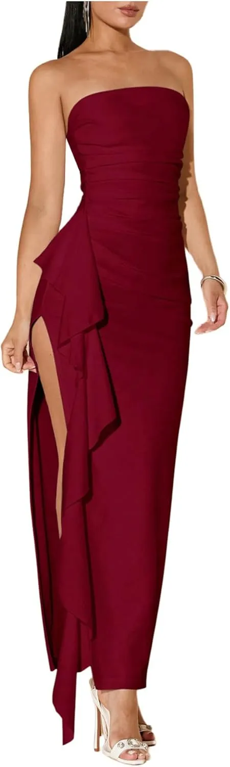 WDIRARA Women's Ruffle High Split Strapless Bodycon Dress Cocktail Wedding Party Maxi Dresses