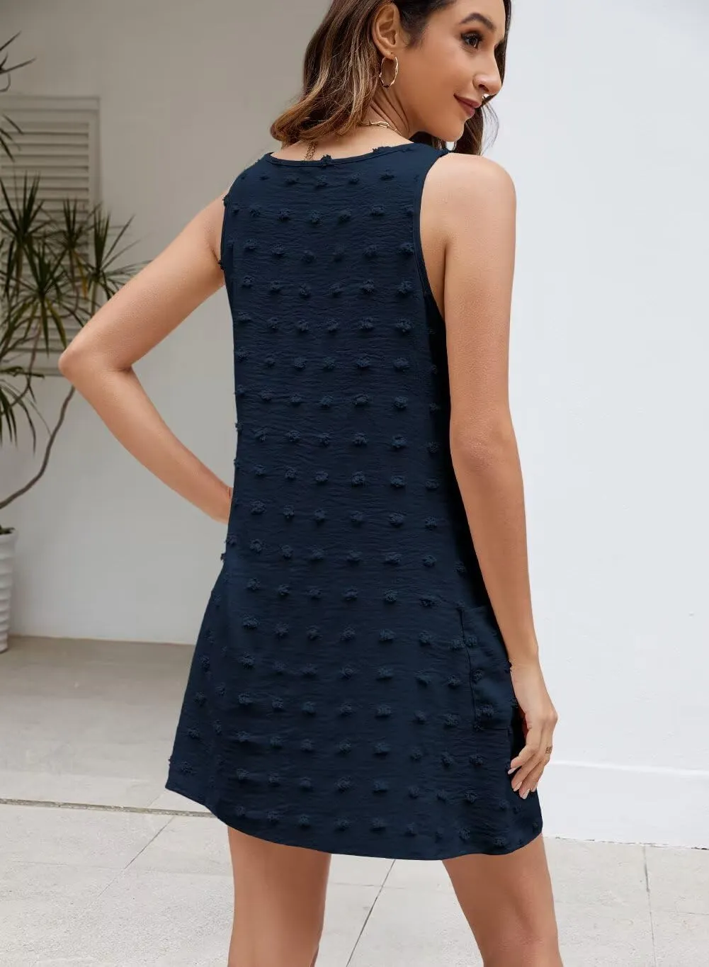 Wkior Womens Casual Summer Sundress 2025 Swiss Polka Dot Beach Swimsuit Cover Up V Neck Vacation Tank Dress with Pockets