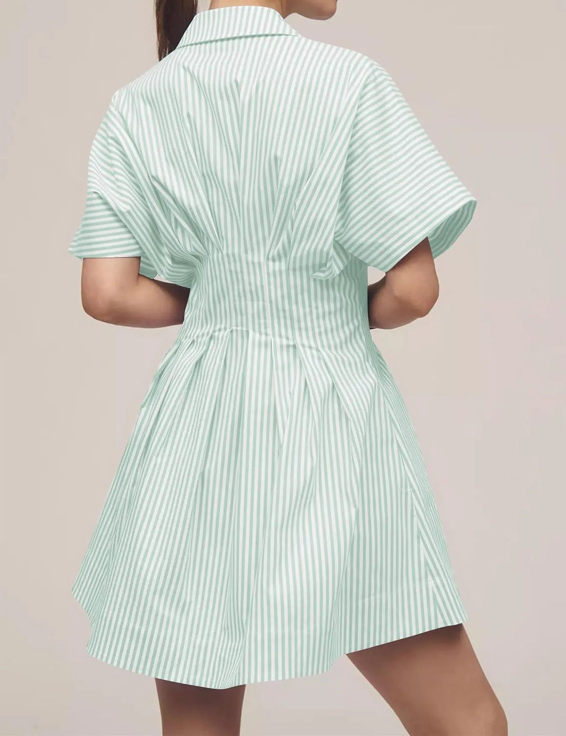 Women Button Front Pleated Stripe Shirt Dresses Summer Casual Short Sleeve Pleated Blouse Mini Dress