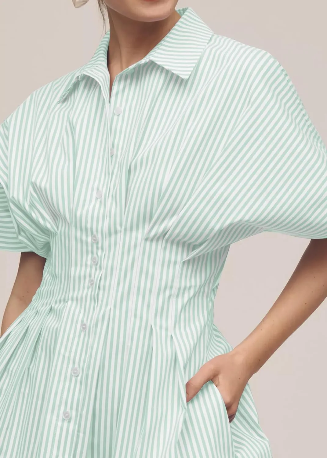 Women Button Front Pleated Stripe Shirt Dresses Summer Casual Short Sleeve Pleated Blouse Mini Dress