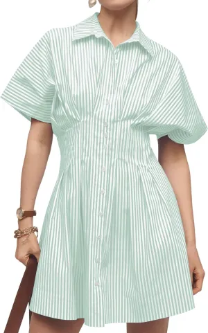 Women Button Front Pleated Stripe Shirt Dresses Summer Casual Short Sleeve Pleated Blouse Mini Dress