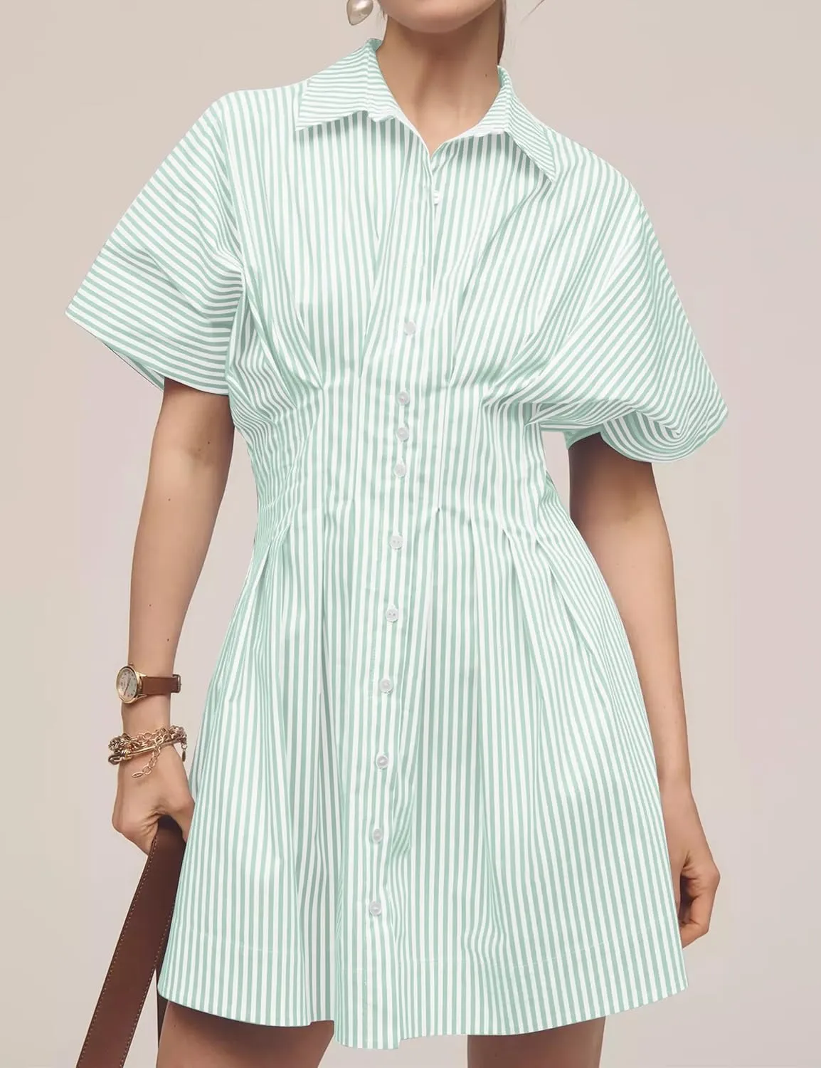 Women Button Front Pleated Stripe Shirt Dresses Summer Casual Short Sleeve Pleated Blouse Mini Dress