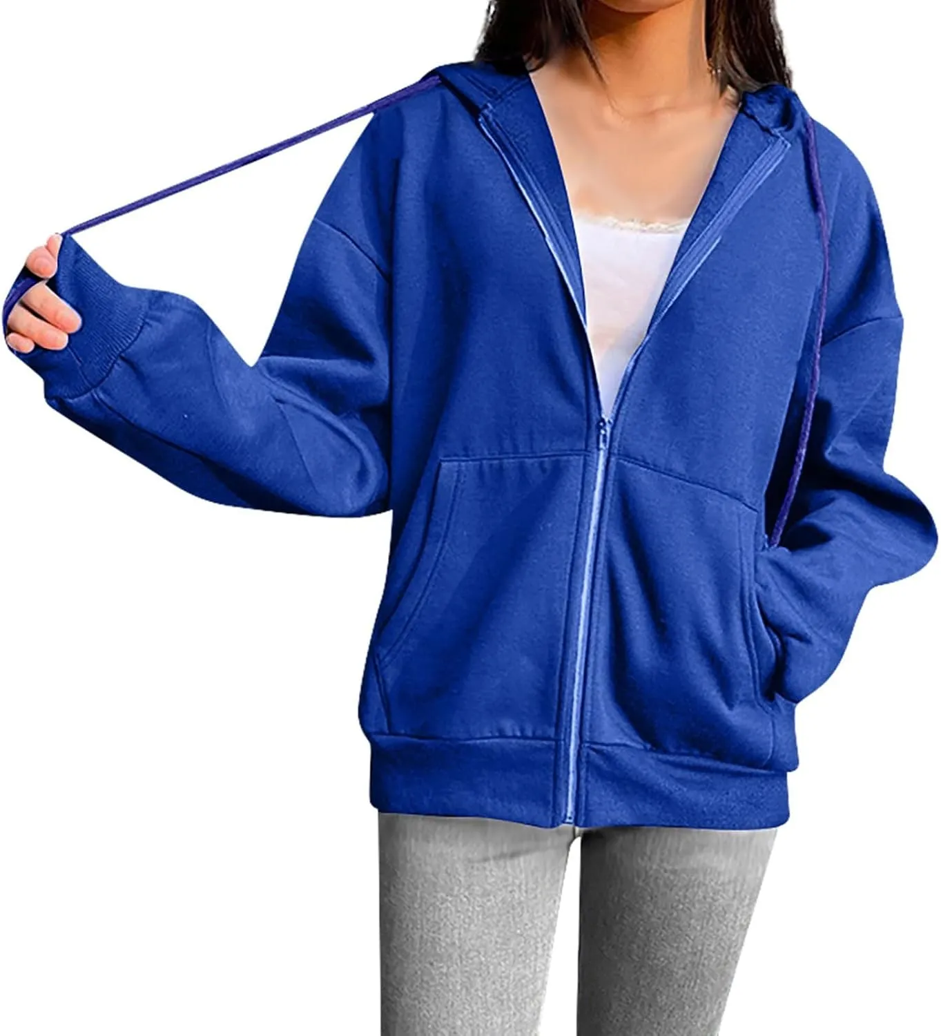Women Casual Full Zip Up Hoodie Comfy Loose Long Sleeve Sweatshirt Solid Color Drawstring Jacket with Pockets