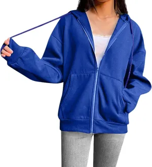 Women Casual Full Zip Up Hoodie Comfy Loose Long Sleeve Sweatshirt Solid Color Drawstring Jacket with Pockets