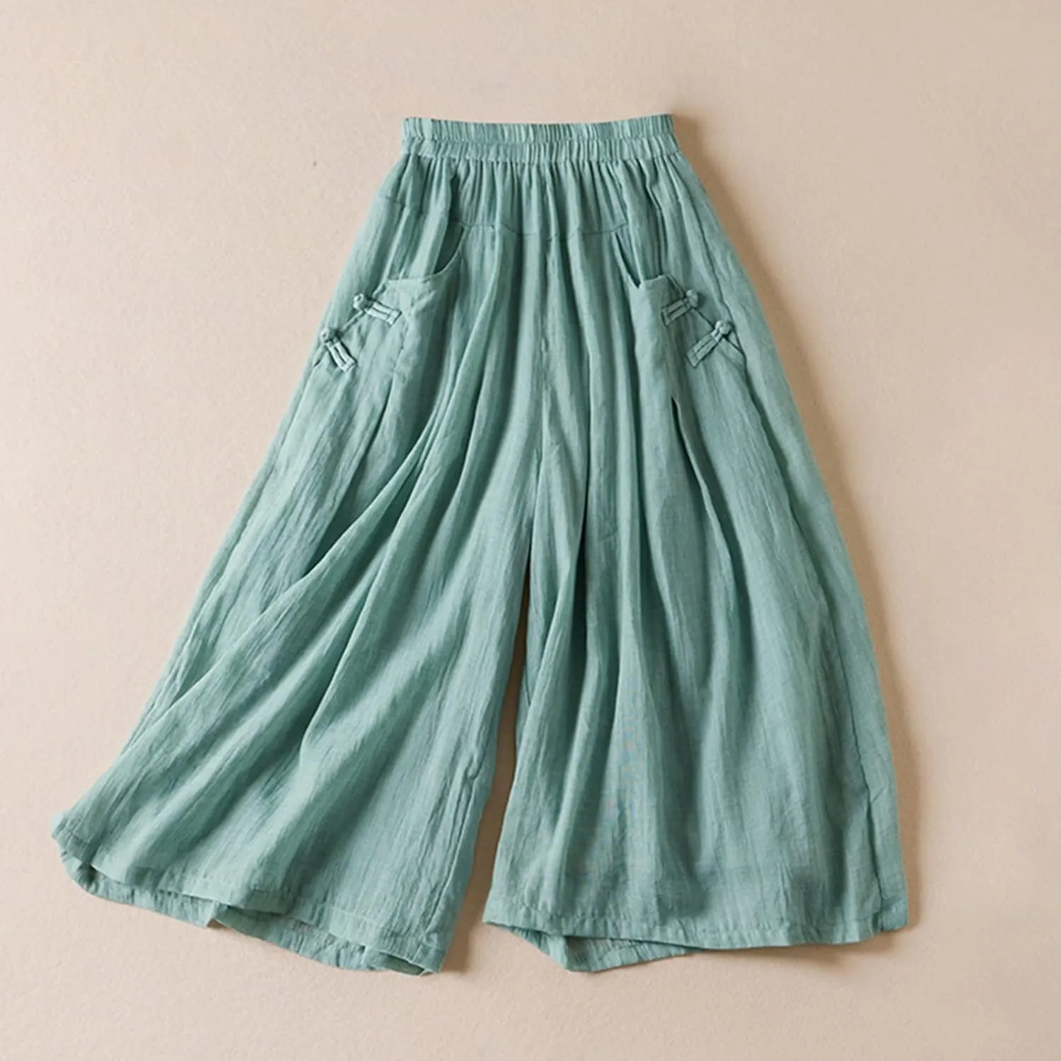 Women Chinese Frog Button Trim Cotton Linen Palazzo Trousers Summer Fashion Casual Elastic High Waist Wide Leg Pants