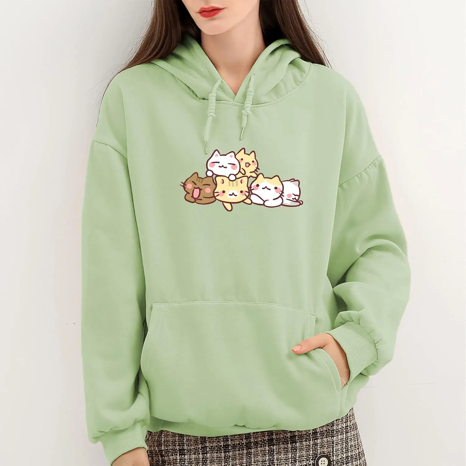 Women Cute cat Sweatshirt Oversized kawaii animal Print Hoodies Long Sleeve pullover Cotton Aesthetics Sweater Girl