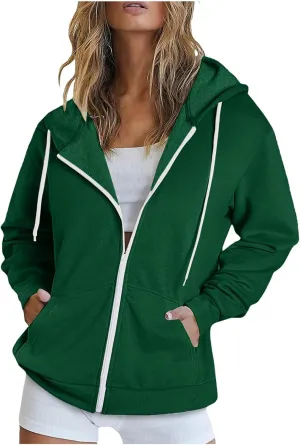 Women Fall Oversized Hoodies Solid Color Sweatshirts Full-Zipper Long Sleeve Pullover Tops with Pockets