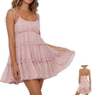 Women Floral Mini Dress Spaghetti Strap Ruffle Tiered Dress, Short Sleeveless Ruffle Spaghetti Strap Dresses