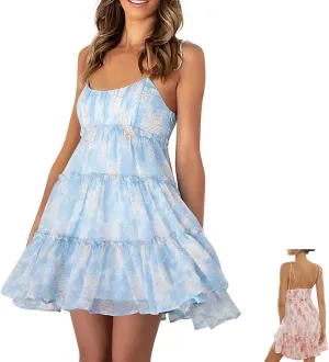 Women Floral Mini Dress Spaghetti Strap Ruffle Tiered Dress, Short Sleeveless Ruffle Spaghetti Strap Dresses