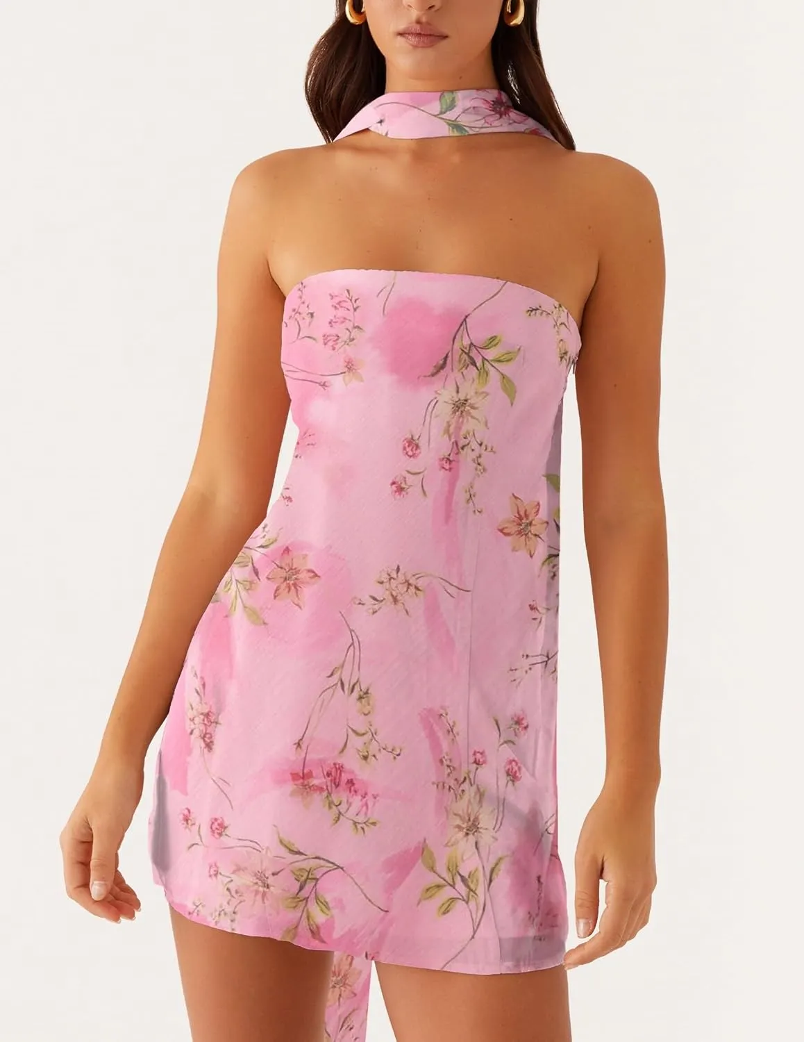 Women Floral Strapless Tube Mini Dress Y2K Flower Backless Bodycon Summer Formal Cocktail Short Dress with Scarf